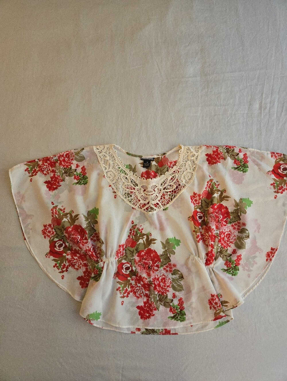 Cotton Express White Floral Lace-Collar Flutter Sleeve Blouse Red Bloom Boho EB5